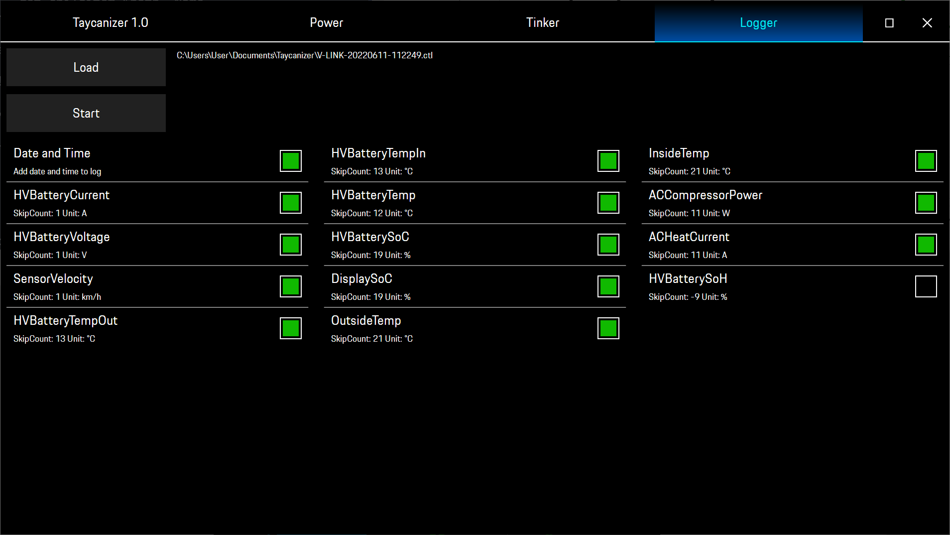 Taycanizer windows software screenshot page logger to CSV format